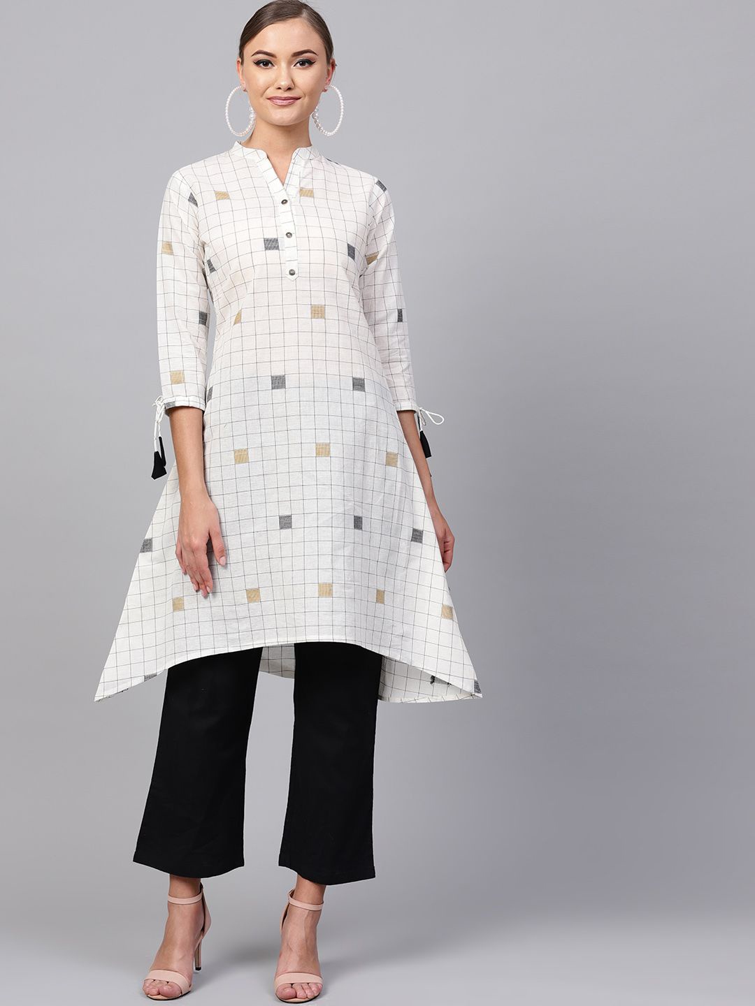 

Anouk Cream Coloured Checked Mandarin Collar Asymmetric Cotton Kurta