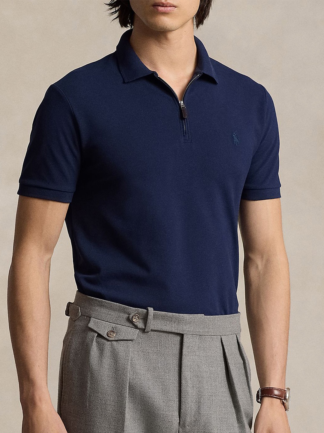 

Polo Ralph Lauren Men Solid Polo Collar Cotton Slim Fit T-shirt, Navy blue