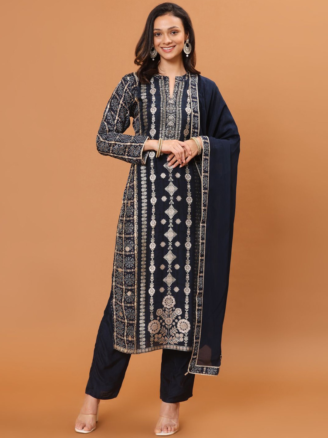 

Meena Bazaar Ethnic Motifs Woven Design Thread Work Kurta with Trousers & Dupatta, Navy blue