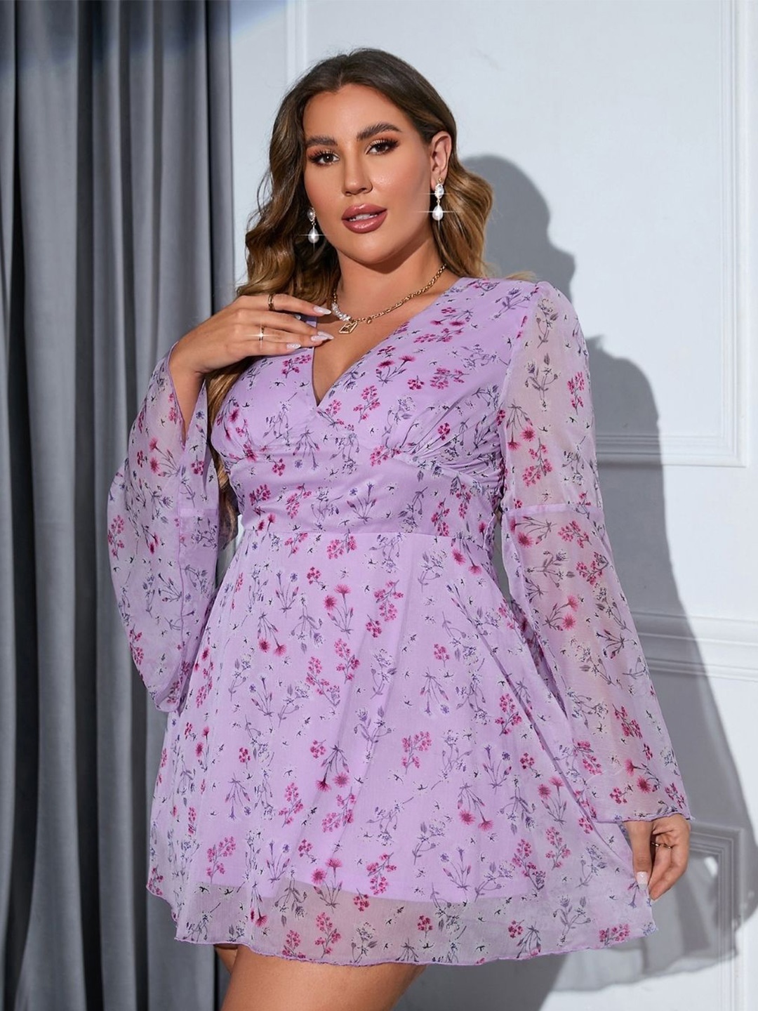 

KPOP Floral Print Bell Sleeve A-Line Dress, Purple