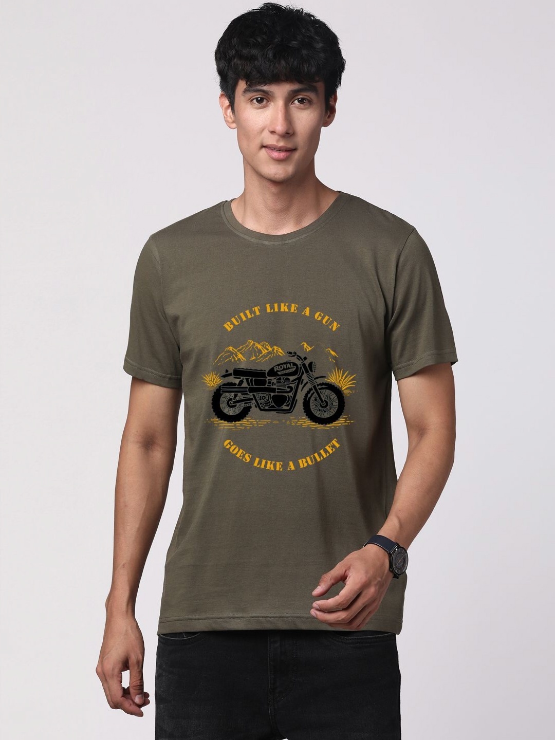 

ADRO Men Graphic Printed Round Neck Cotton T-shirt, Olive