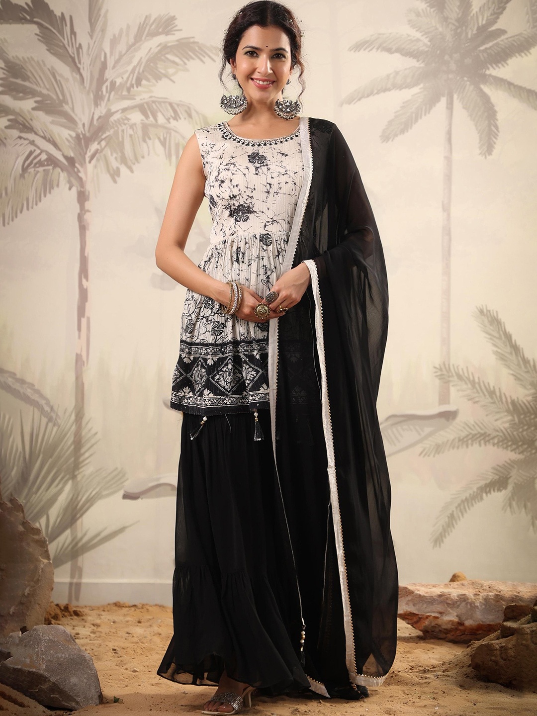 

SCAKHI Floral Printed Sequinned Anarkali Kurti & Sharara With Dupatta, White
