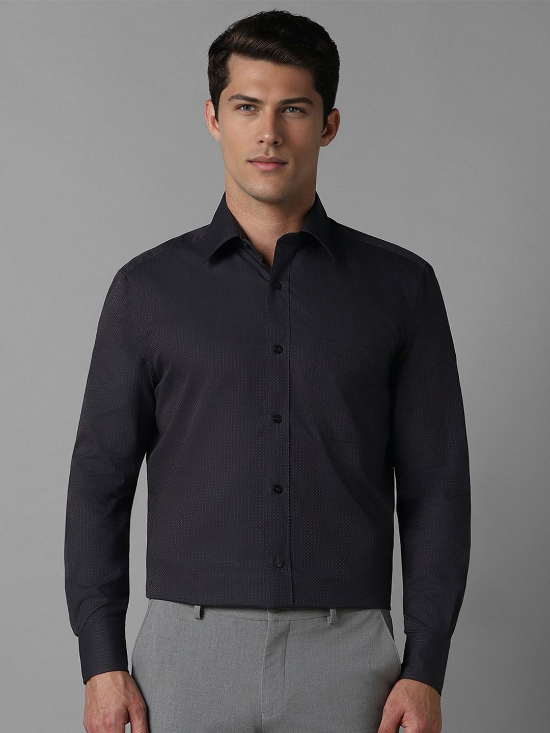 

Louis Philippe Men Spread Collar Textured Cotton Formal Shirt, Black