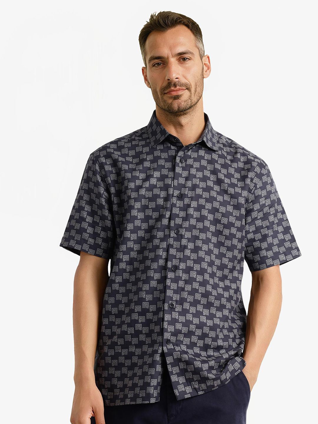 

RARE RABBIT Men Comfort Spread Collar Abstract Printed Casual Shirt, Navy blue