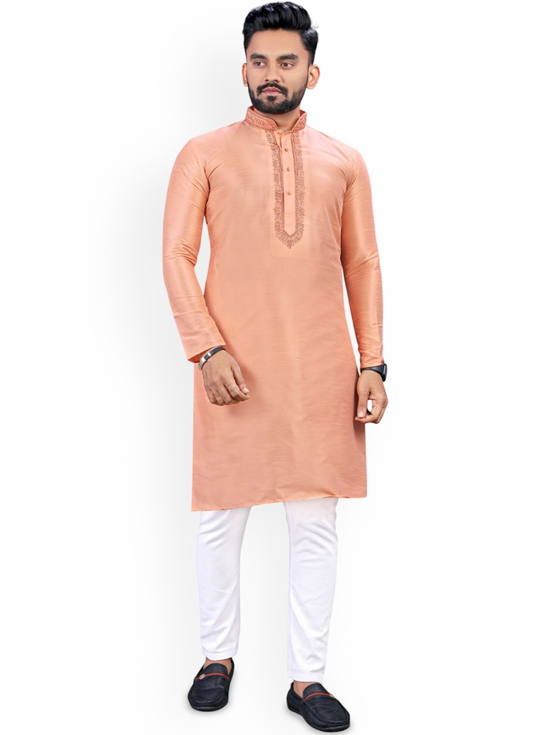 

CHARLOTTE GRACIOUS Embroidered Mandarin Collar Cotton Silk Straight Kurta, Cream