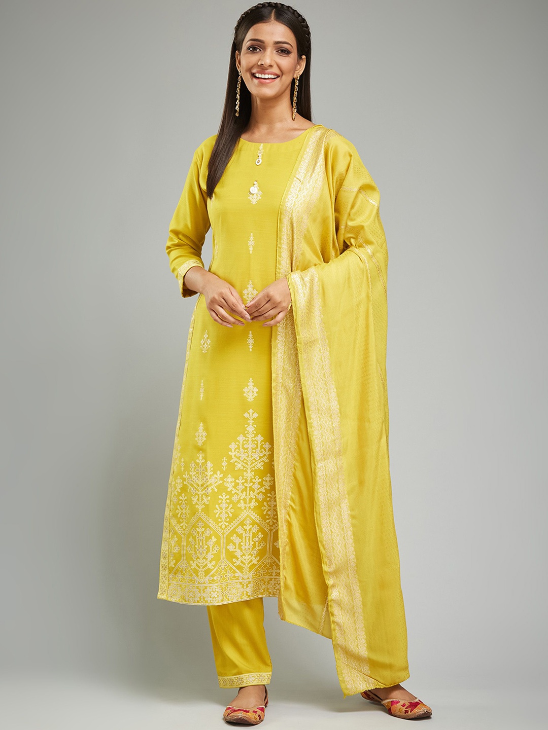 

KALINI Ethnic Motifs Printed Straight Kurta with Trousers & Dupatta, Yellow