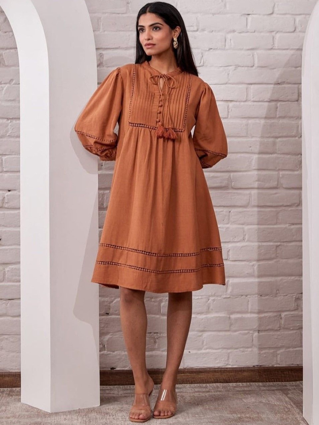 

AUTUMN LANE Women Cotton A-Line Ethnic Dress, Rust