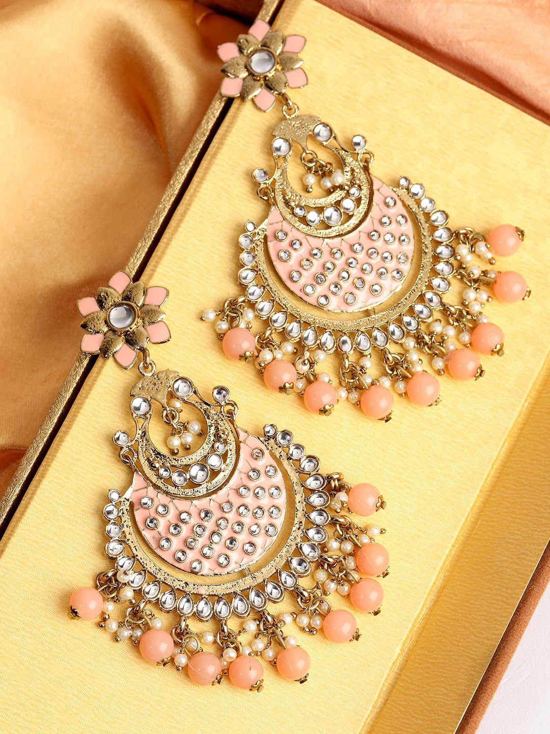 

ANIKAS CREATION Gold Plated Kundan Contemporary Drop Earrings, Peach