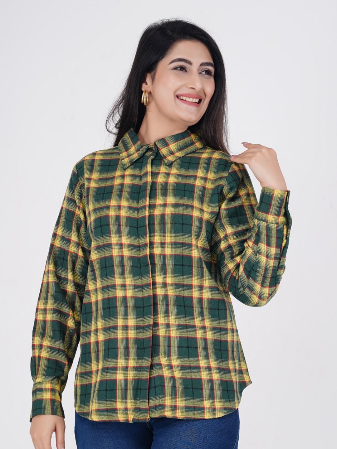 

BAESD Women Spread Collar Tartan Checked Cotton Casual Shirt, Yellow