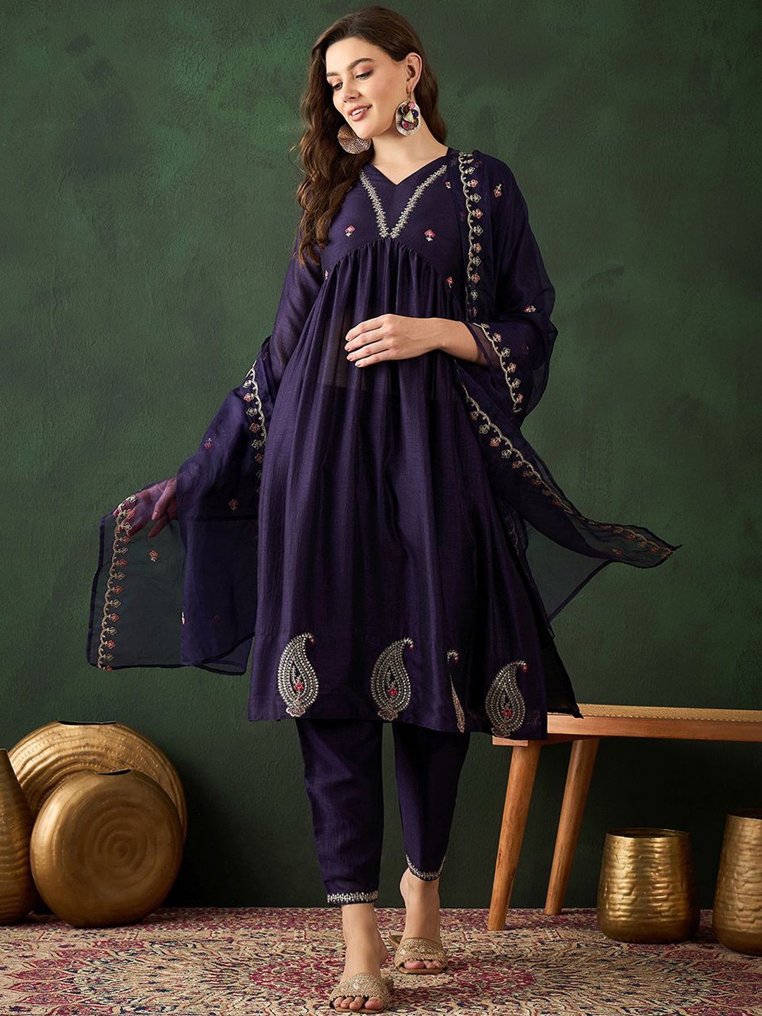 

Sangria Embroidered Thread Work Anarkali Kurta With Trousers & Dupatta, Navy blue