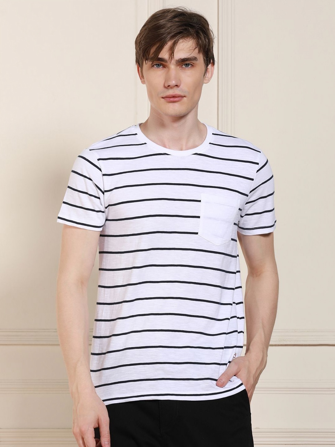 

Dennis Lingo Men Striped Round Neck Cotton T-shirt, White