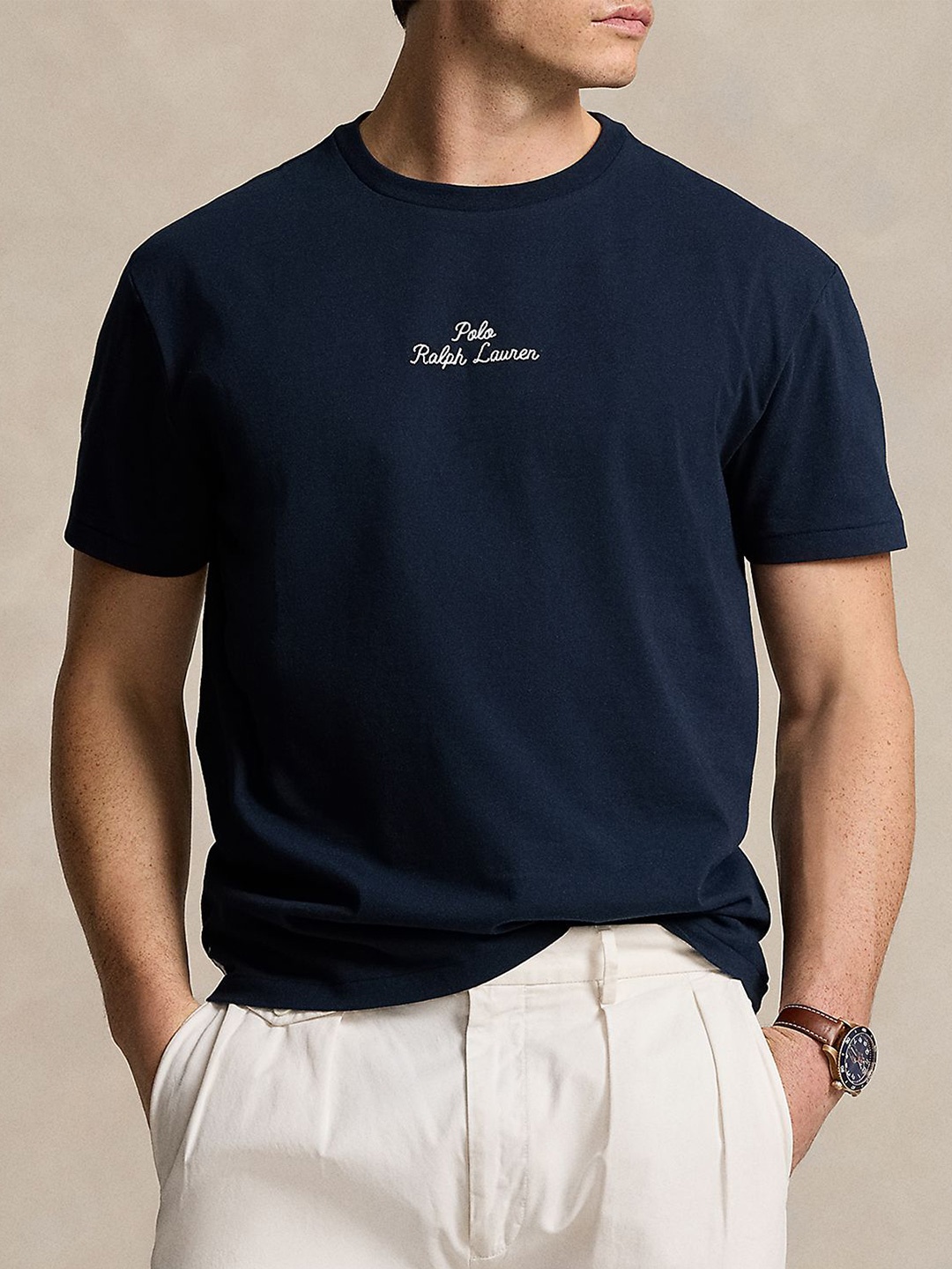 

Polo Ralph Lauren Men Solid Round Neck Cotton Slim Fit T-shirt, Navy blue