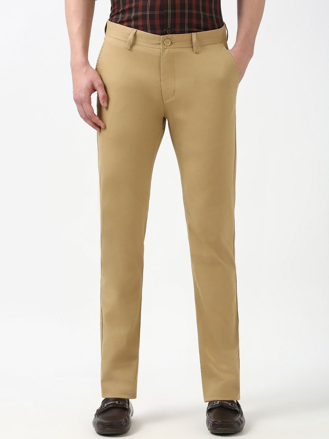

Peter England Casuals Men Super Slim Fit Trousers, Khaki