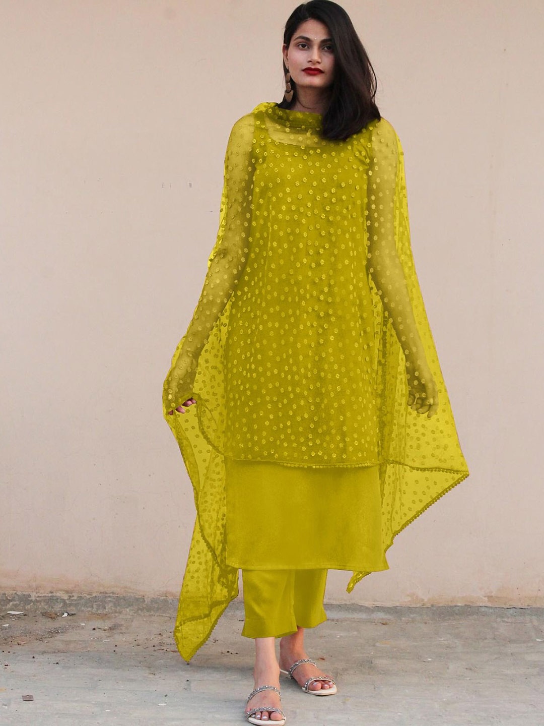 

LADY SHOPI Round Neck Thread Work Cotton Silk Straight Kurta, Olive
