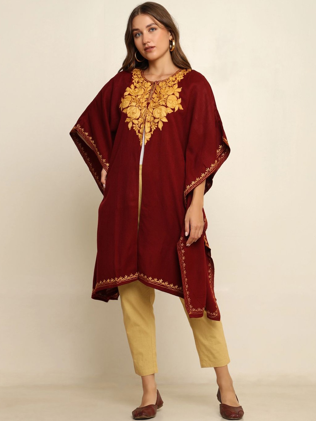 

CRAFTBAZAR Floral Embroidered Round Neck Flared Sleeves Kaftan Kurta, Maroon