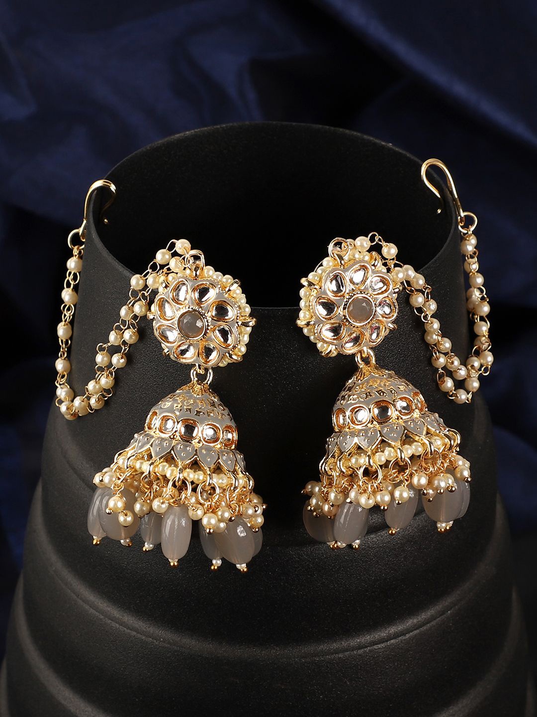 

ANIKAS CREATION Gold Plated Kundan Studded Contemporary Jhumkas With Chain, Grey