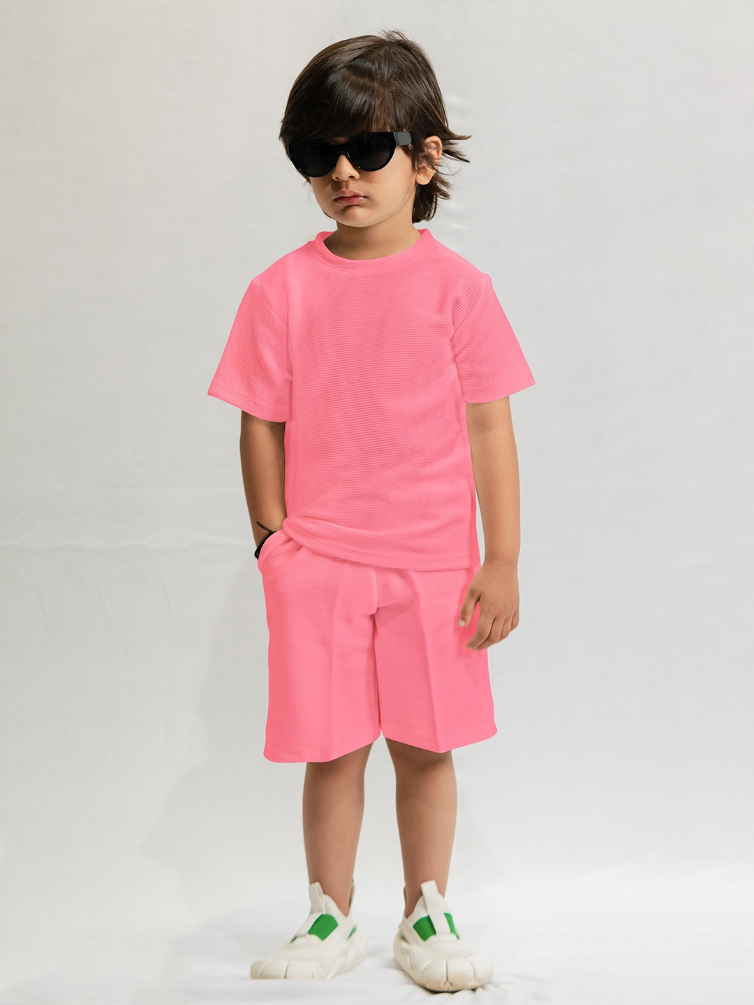 

Emblica Unisex Kids Striped Round Neck Short Sleeves Casual T-shirt With Shorts, Pink