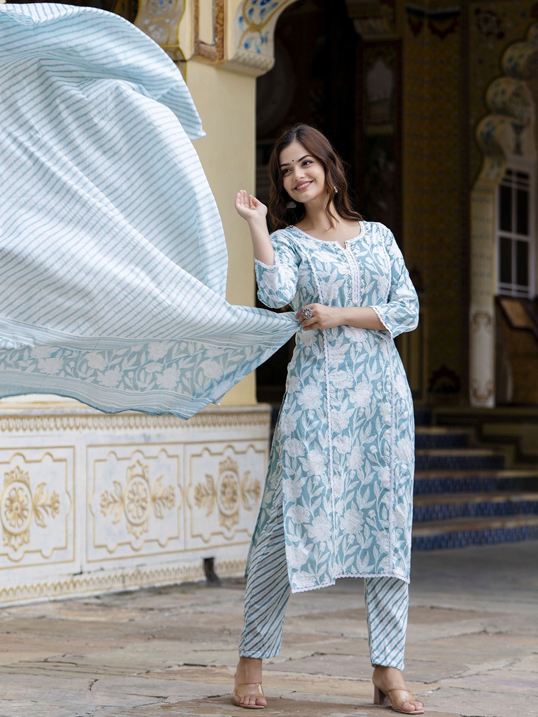 

Anouk Floral Embroidered Regular Thread Work Pure Cotton Kurta with Trouser & Dupatta, Blue