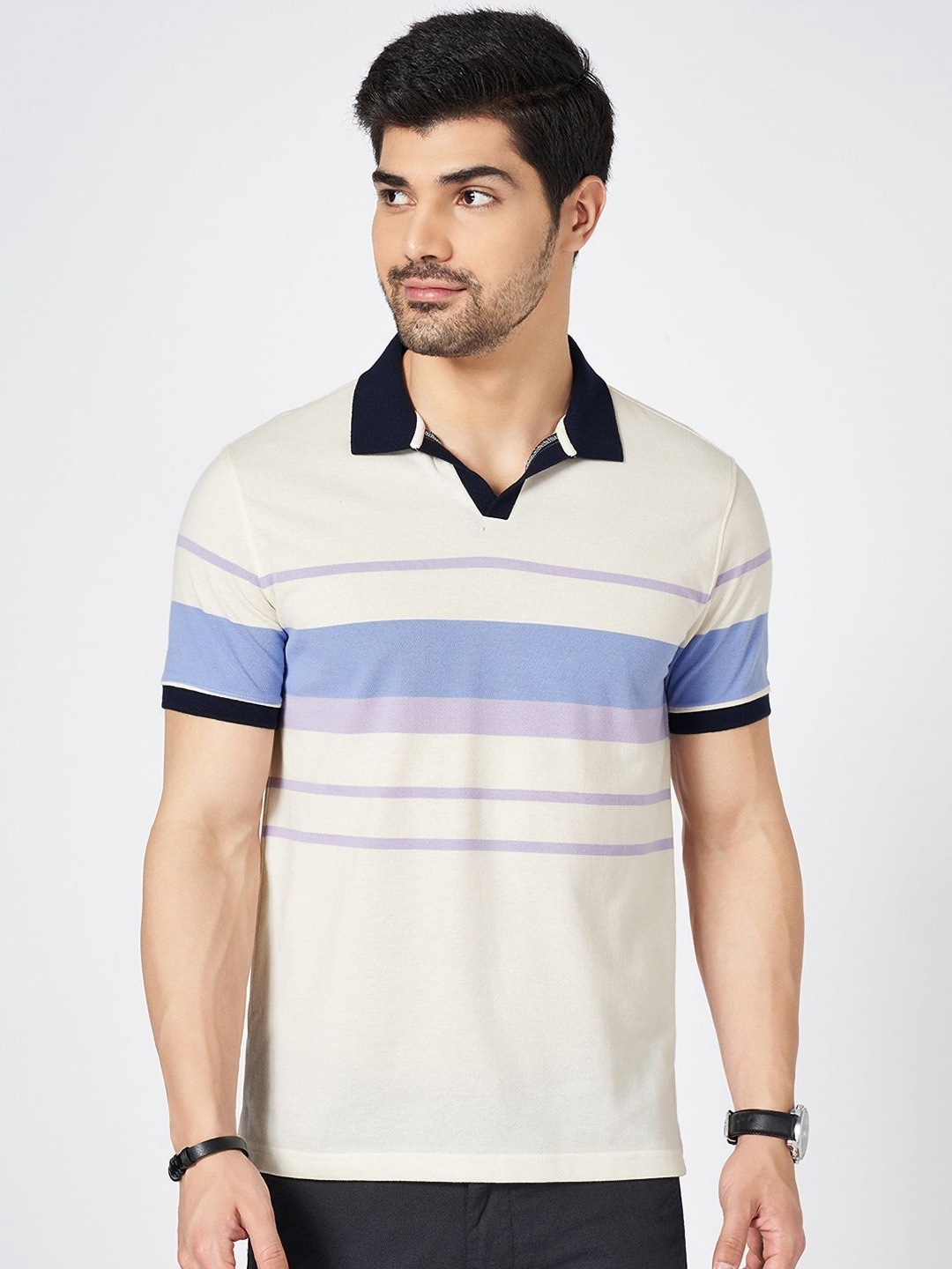 

BYFORD by Pantaloons Men Striped Polo Collar Cotton Slim Fit T-shirt, White