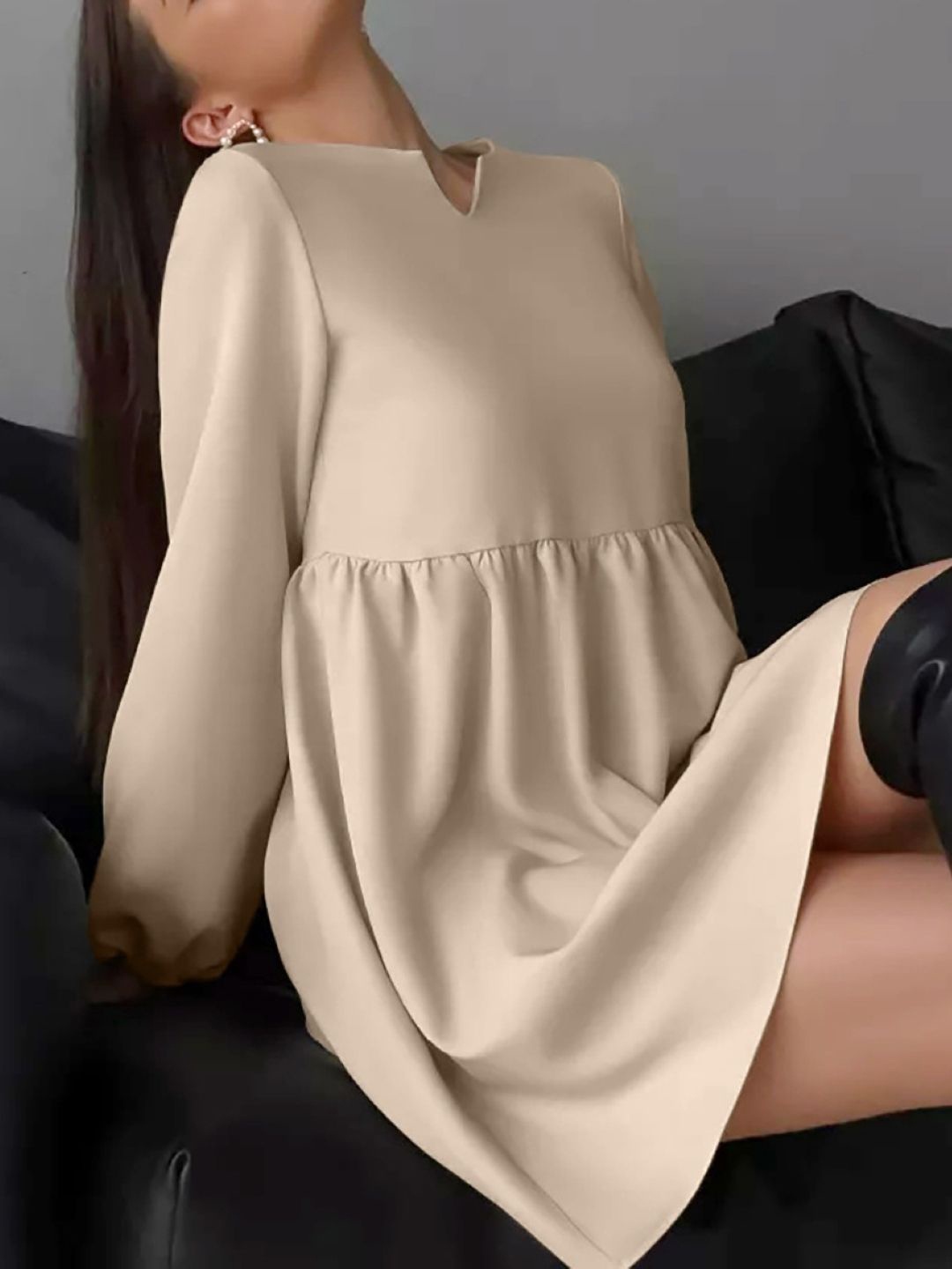

KPOP Puff Sleeve A-Line Dress, Khaki