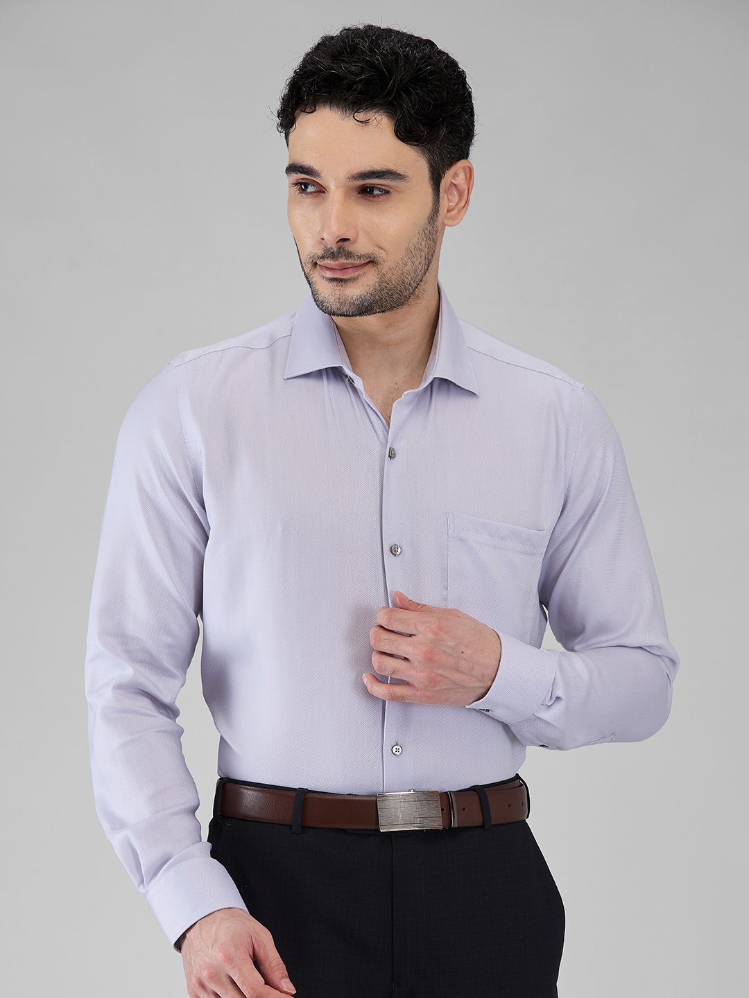 

Raymond Men Contemporary Spread Collar Textured Cotton Formal Shirt, Grey
