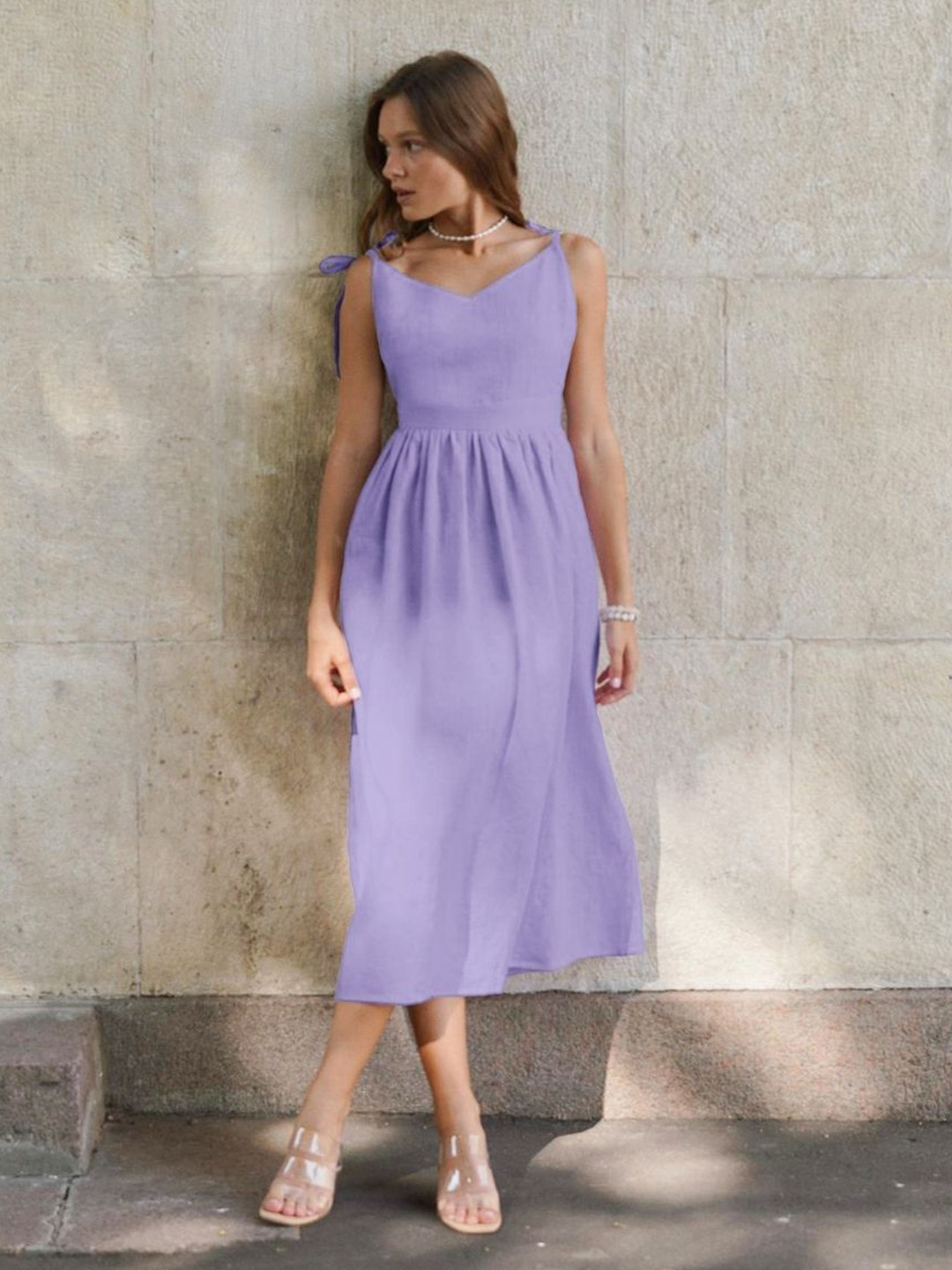 

KPOP Shoulder Straps Solid Fit and Flare Midi Dress, Purple