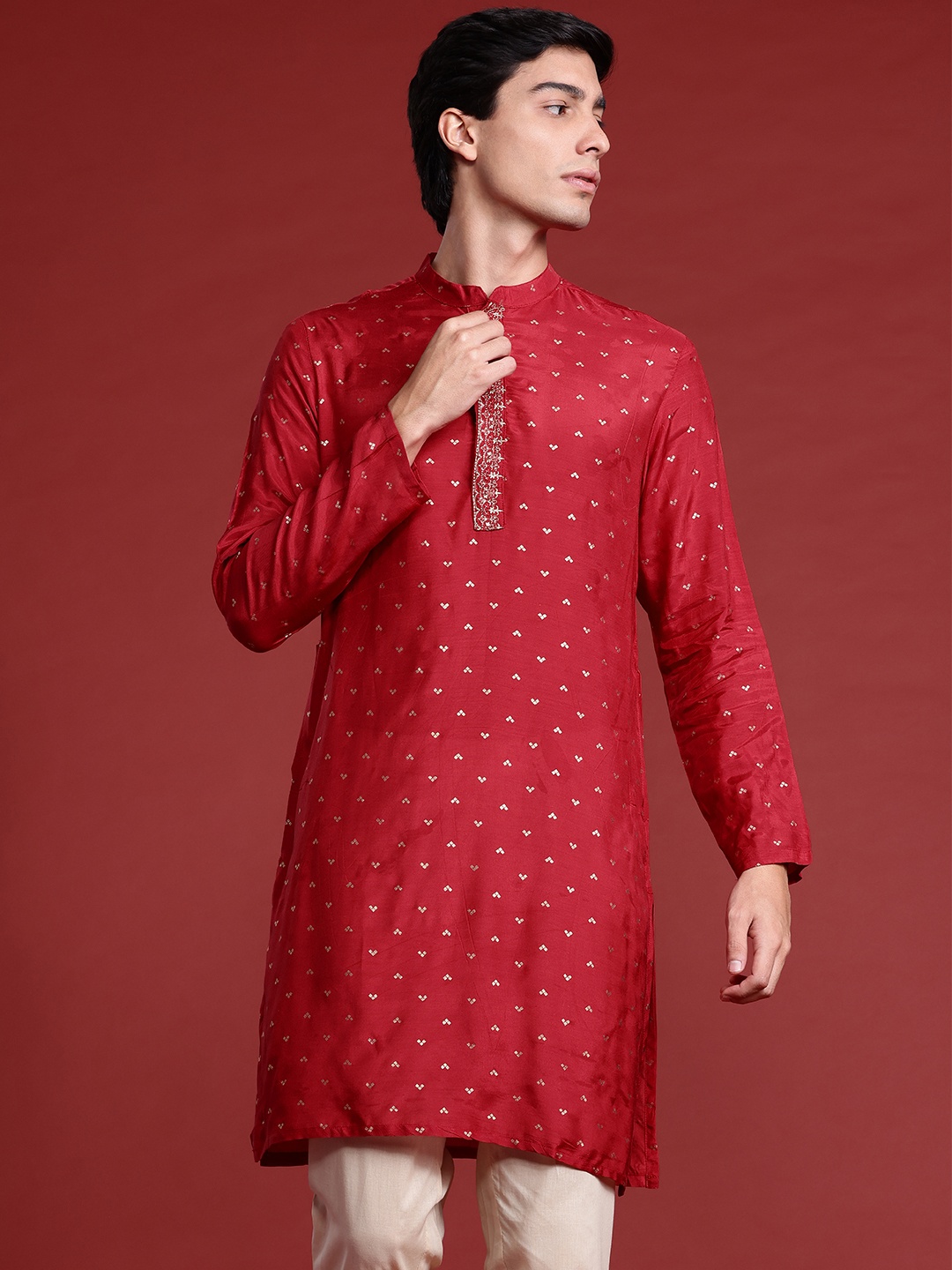 

Anouk Printed Mandarin Collar Straight Kurta, Red