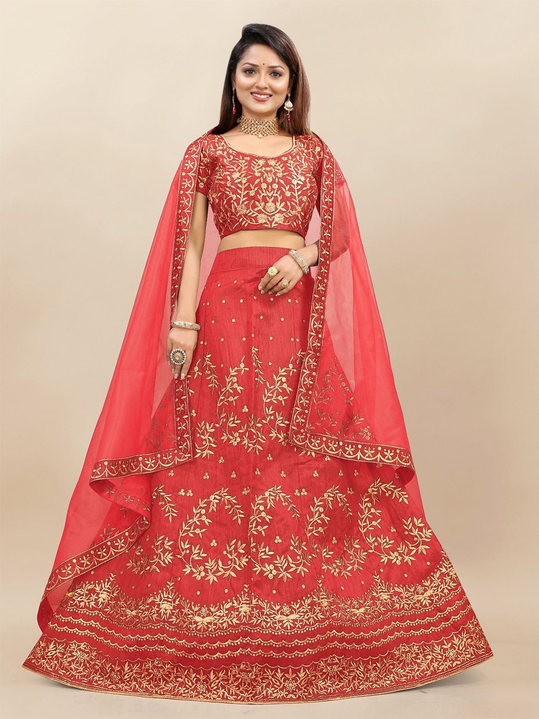 

LADY SHOPI Embroidered Thread Work Semi-Stitched Lehenga & Unstitched Blouse With Dupatta, Red