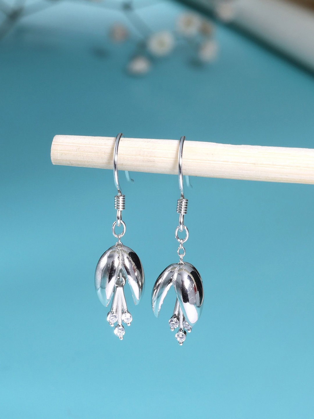 

DEESSA 925 Sterling Silver Rhodium Plated Stone Studded Chime Musical Drop Earrings