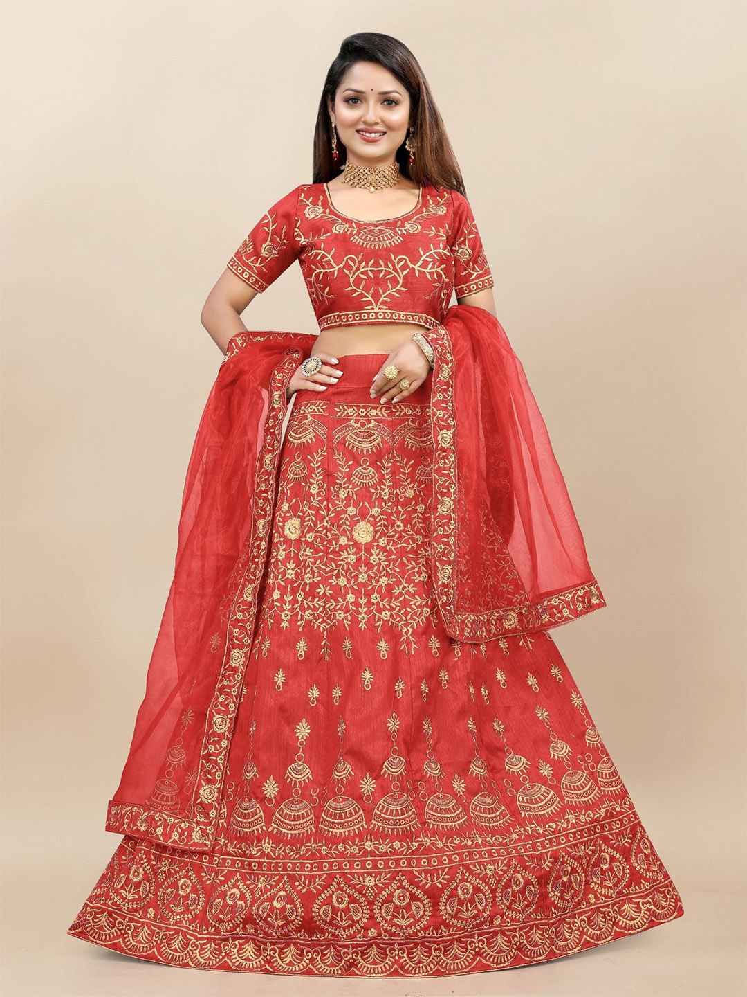 

LADY SHOPI Embroidered Thread Work Semi-Stitched Lehenga & Unstitched Blouse With Dupatta, Red