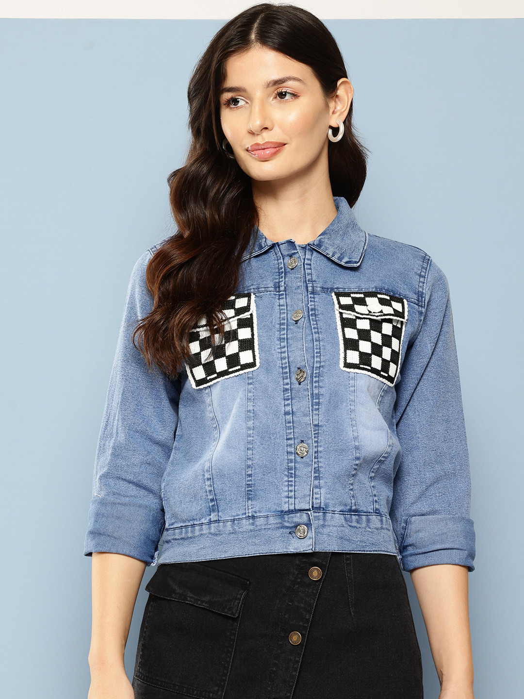 

Aarika Lightweight Crochet Pocket Crop Denim Jacket, Blue