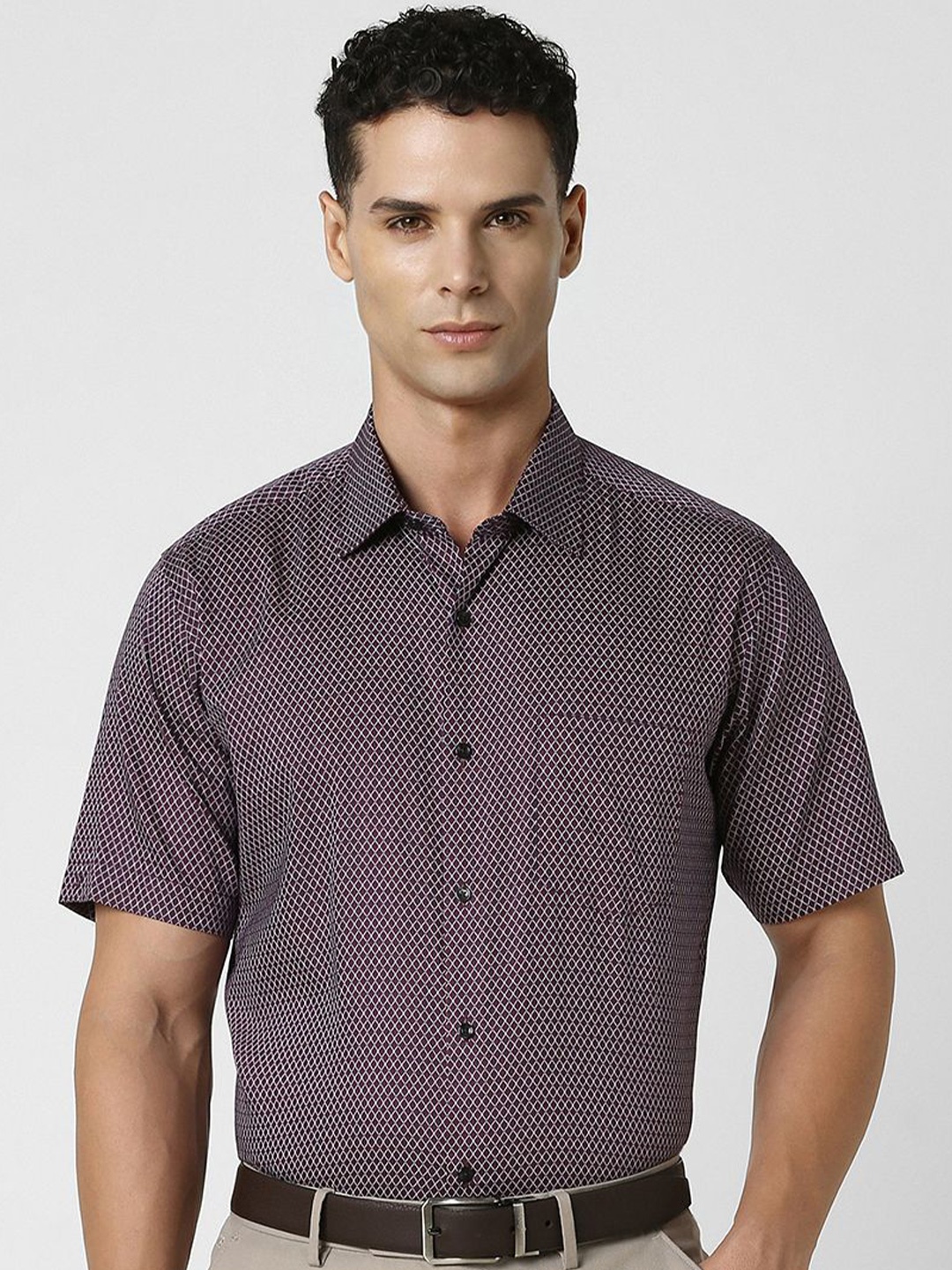 

Van Heusen Men Spread Collar Micro Ditsy Printed Cotton Party Shirt, Purple