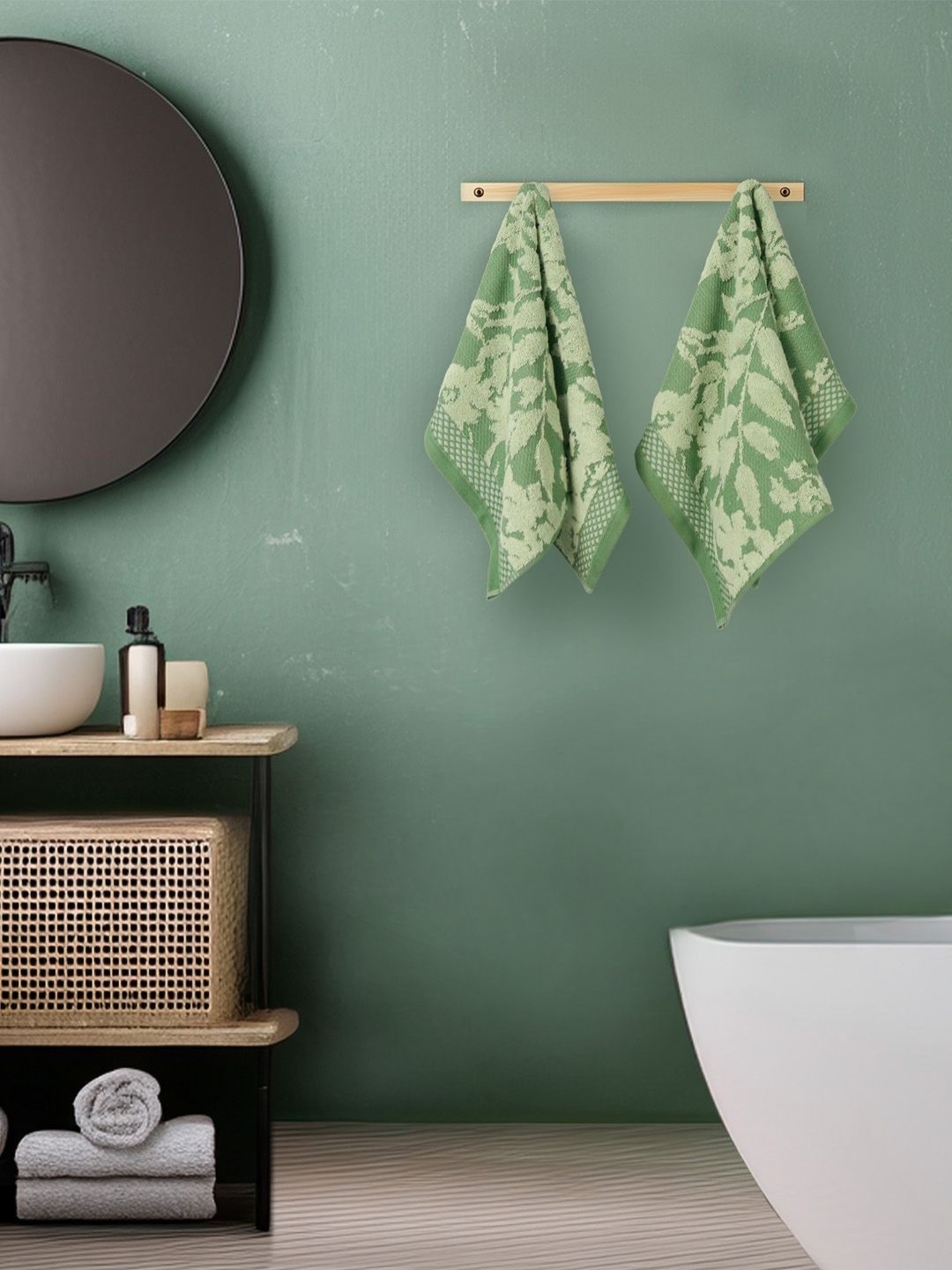 

MYTRIDENT Painterly Patterns Green 2 Pieces Printed 575 GSM Pure Cotton Hand Towels