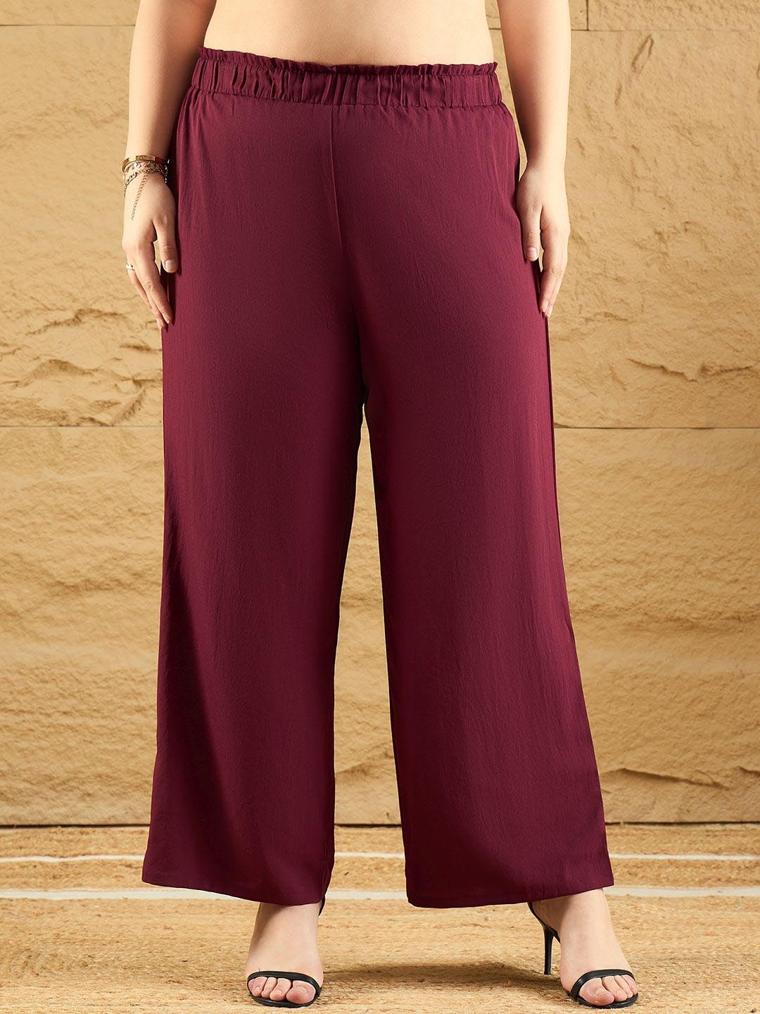 

Berrylush Curve Women Solid High-Rise Parallel Trousers, Maroon