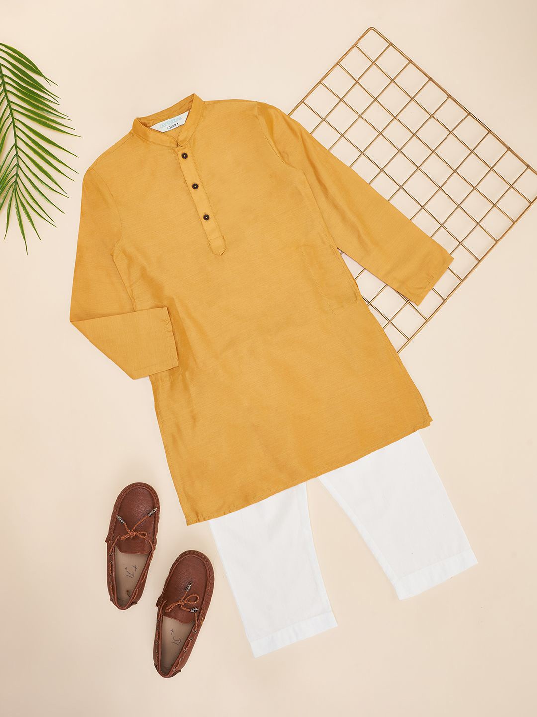

indus route by Pantaloons Boys Regular Straight Kurta with Pyjamas, Mustard