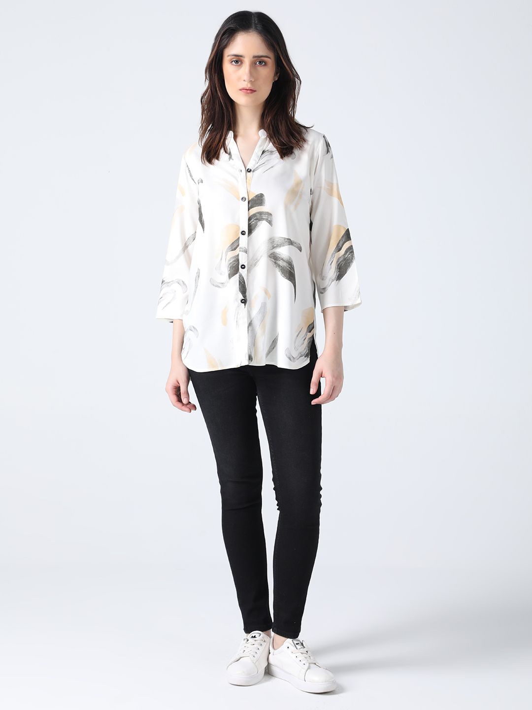 

IDK Women Abstract Printed Mandarin Collar Top, White