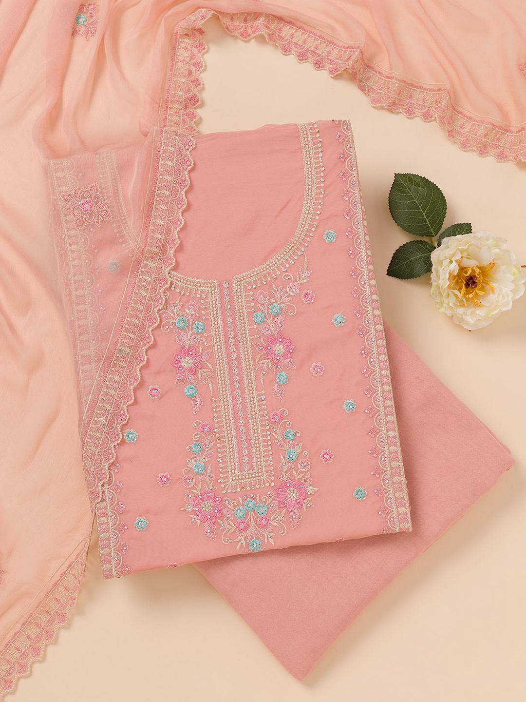 

Koskii Embroidered Zari Unstitched Dress Material, Peach