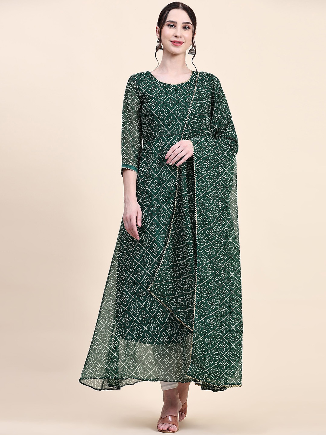 

Suha Bandhani Printed Georgette Anarkali Kurta With Dupatta, Green