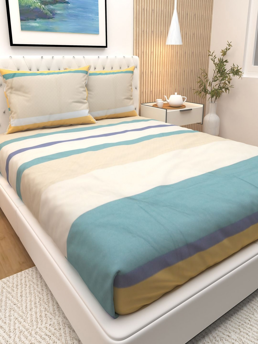 

Athom Living Beige & Blue Striped Cotton 180 TC Queen Bedsheet & 2 Pillow Covers