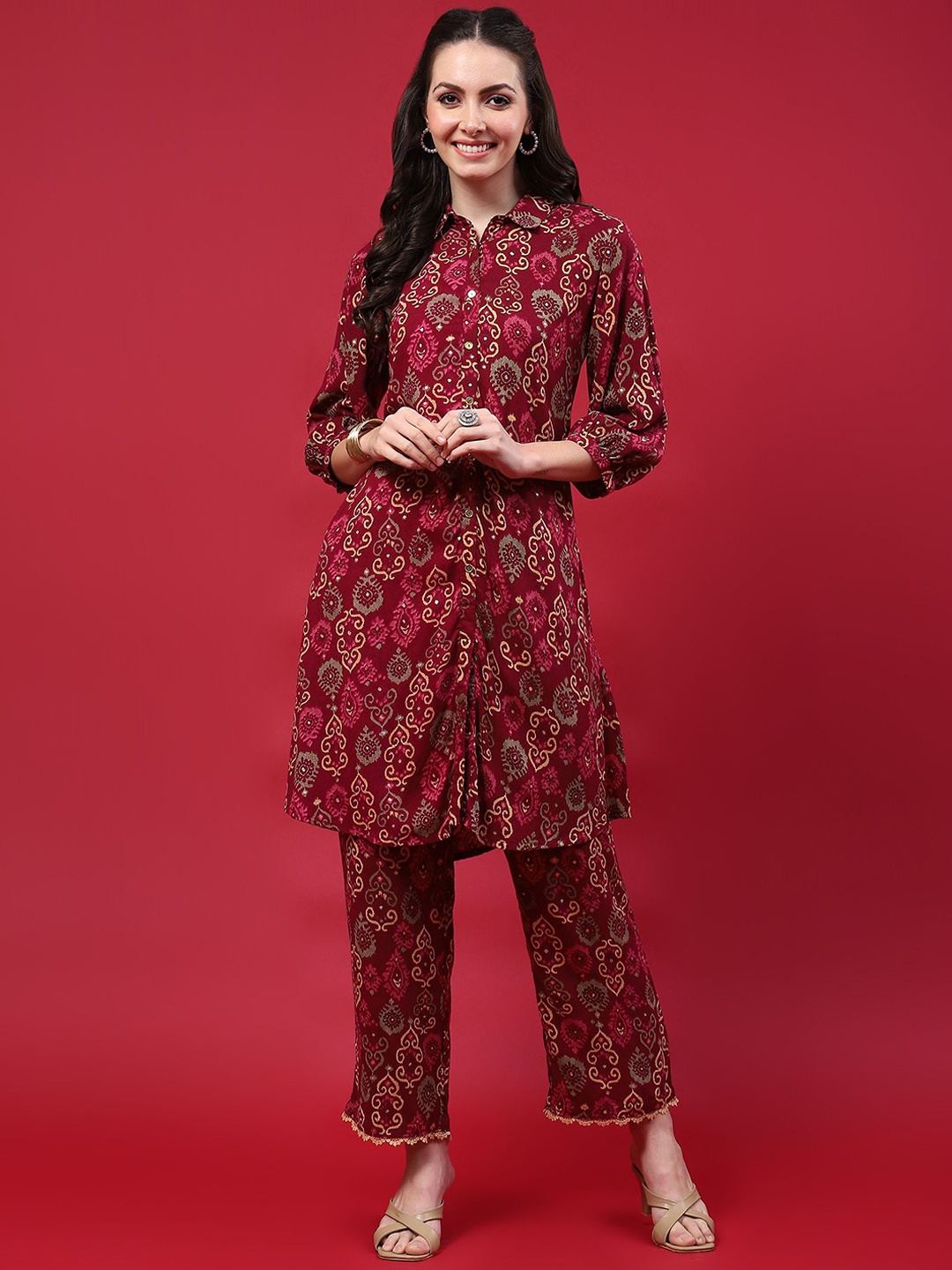 

Shree Ethnic Motifs Printed Tunic & Trouser, Burgundy