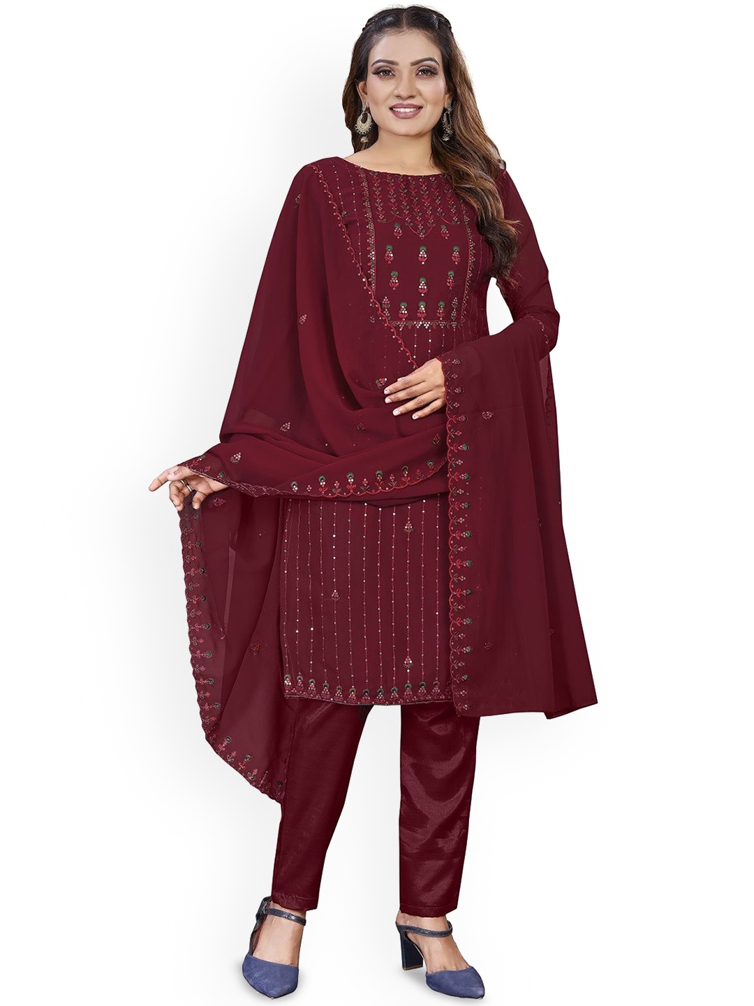 

JULEE Floral Embroidered Silk Georgette Unstitched Dress Material, Maroon