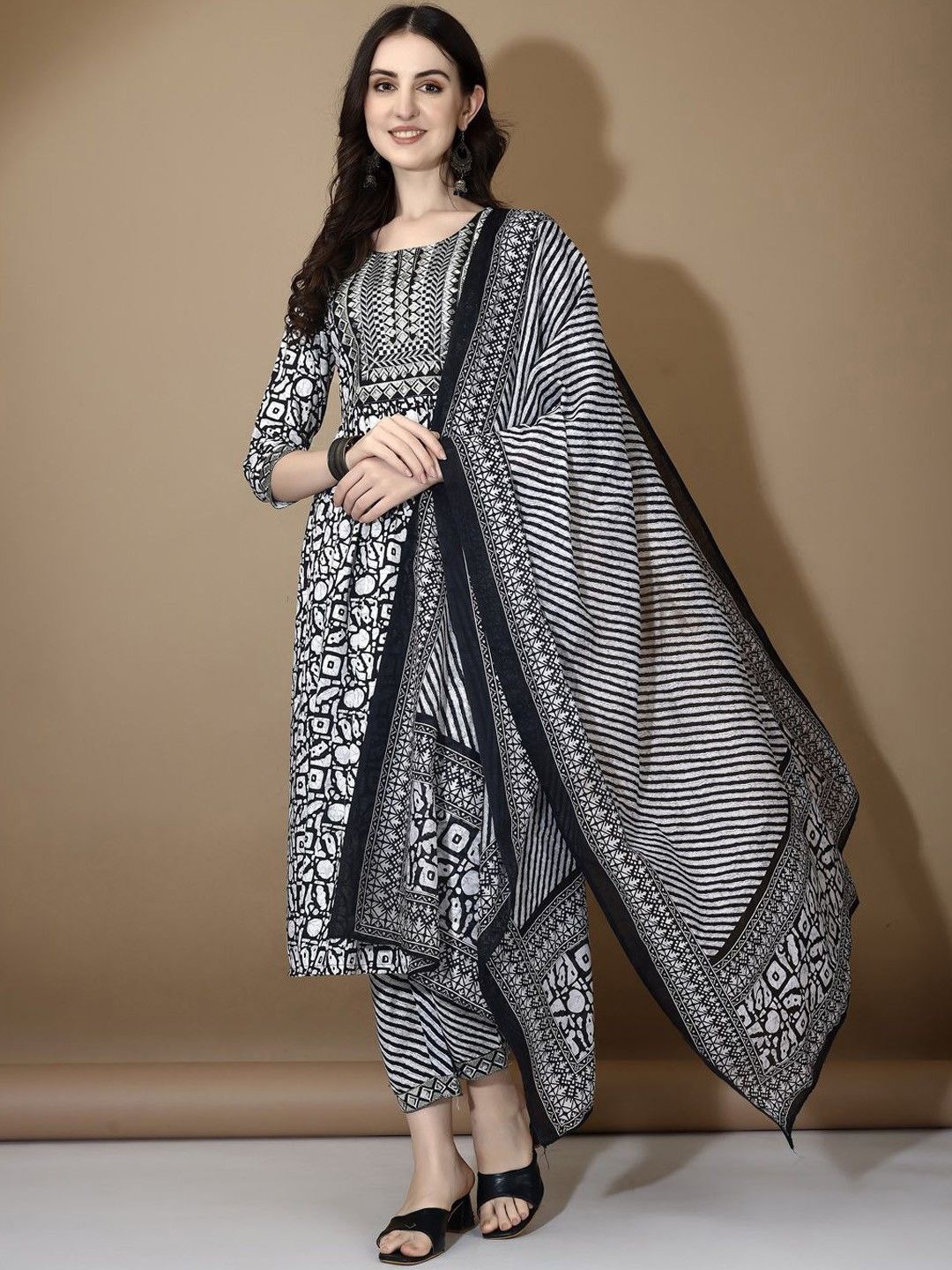 

KALINI Abstract Printed Pleated Straight Kurta with Trousers & Dupatta, Black