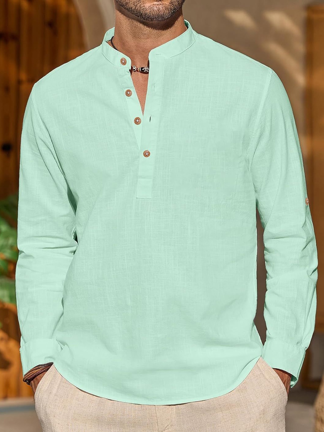 

Vida Loca Band Collar Pure Cotton Short Kurta, Sea green