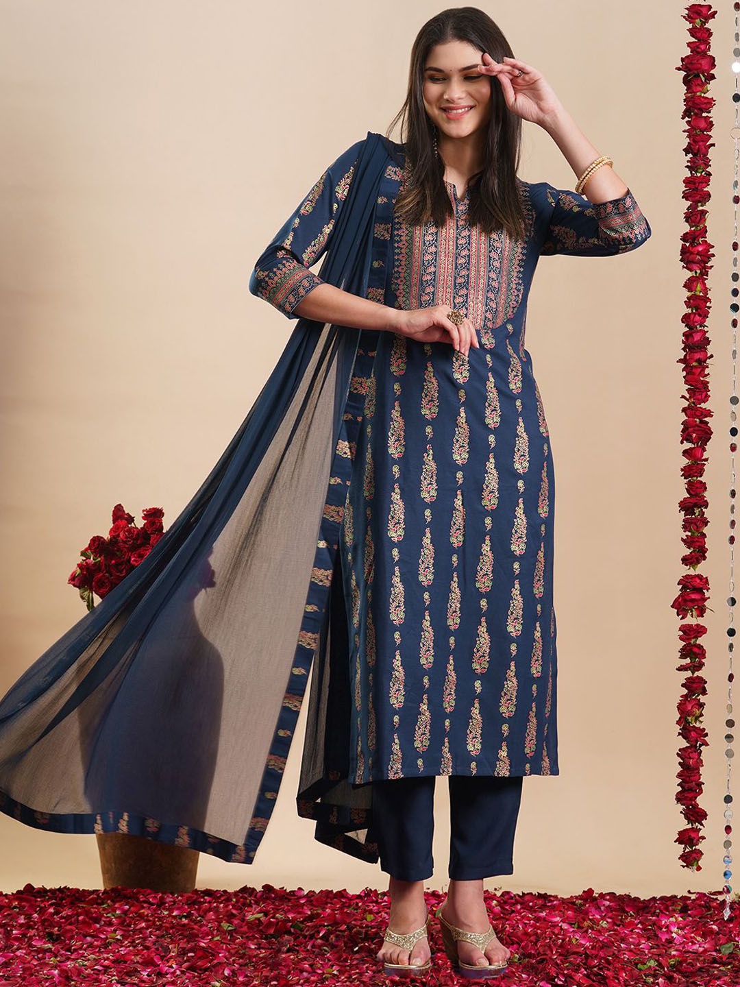 

KALINI Ethnic Motifs Printed Regular Straight Kurta with Trousers & Dupatta, Blue