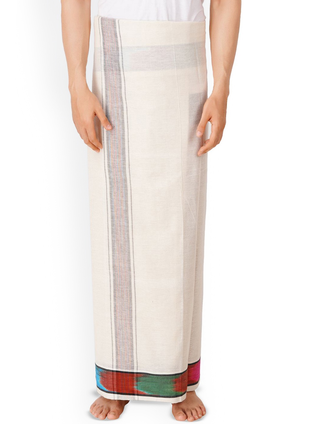 

ETHAZH Men Cotton Dhoti with Contrast Border, White