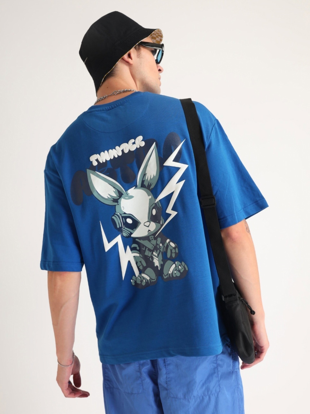 

Weezy Men Cotton Round Neck Half Sleeve Graphic Puff Printed Oversized T-shirt, Blue