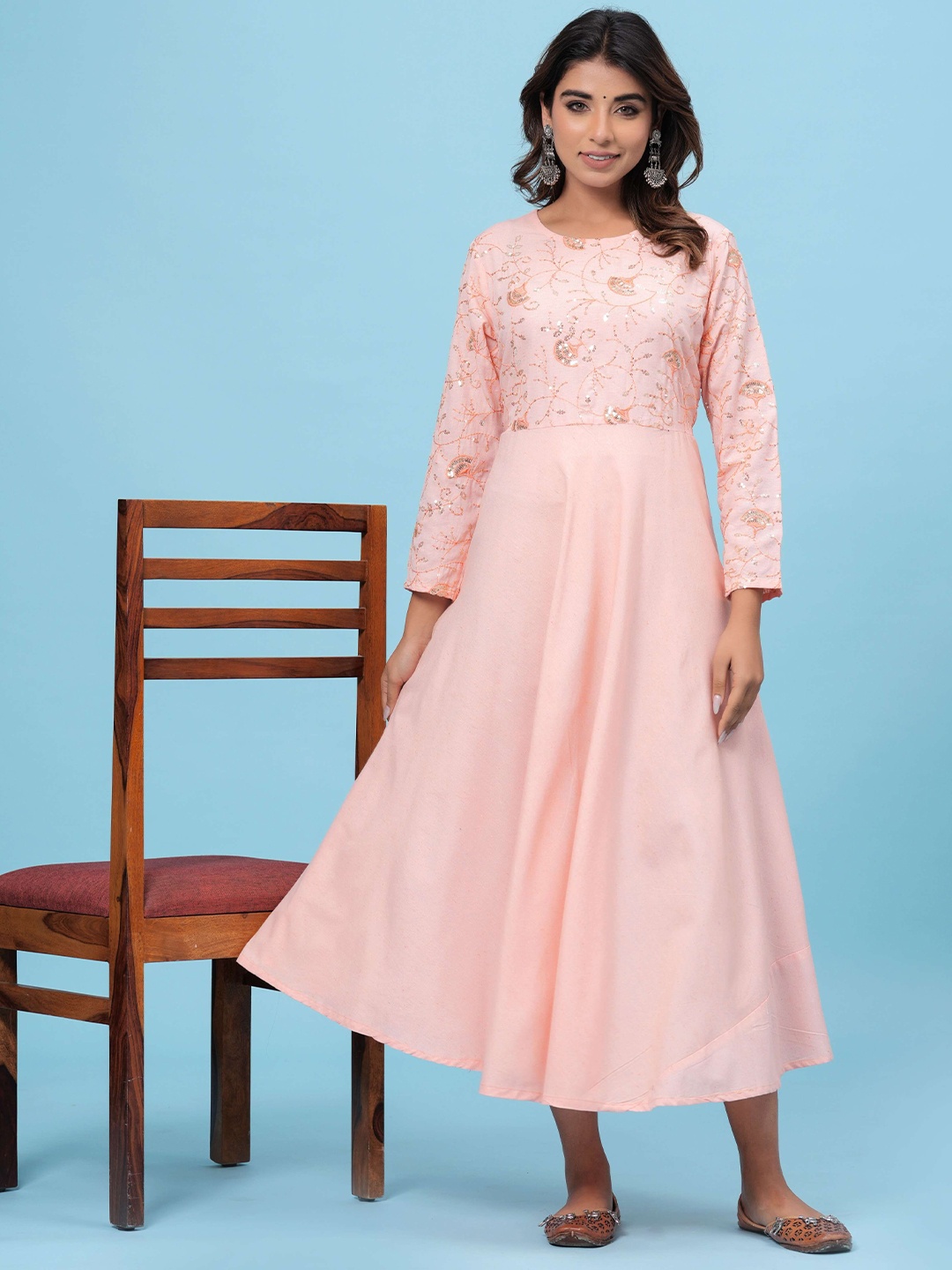 

DIZON Embroidered Pure Cotton A-Line Ethnic Dresses, Orange