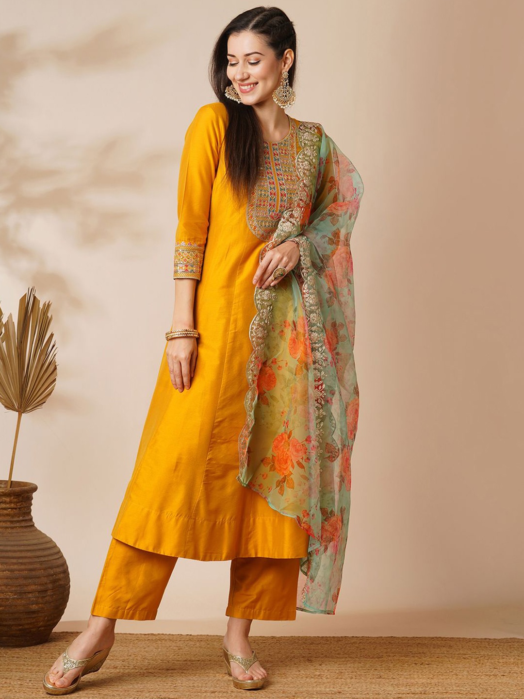 

Globus Floral Yoke Design Panelled Gotta Patti Anarkali Kurta With Trouser & Dupatta, Yellow