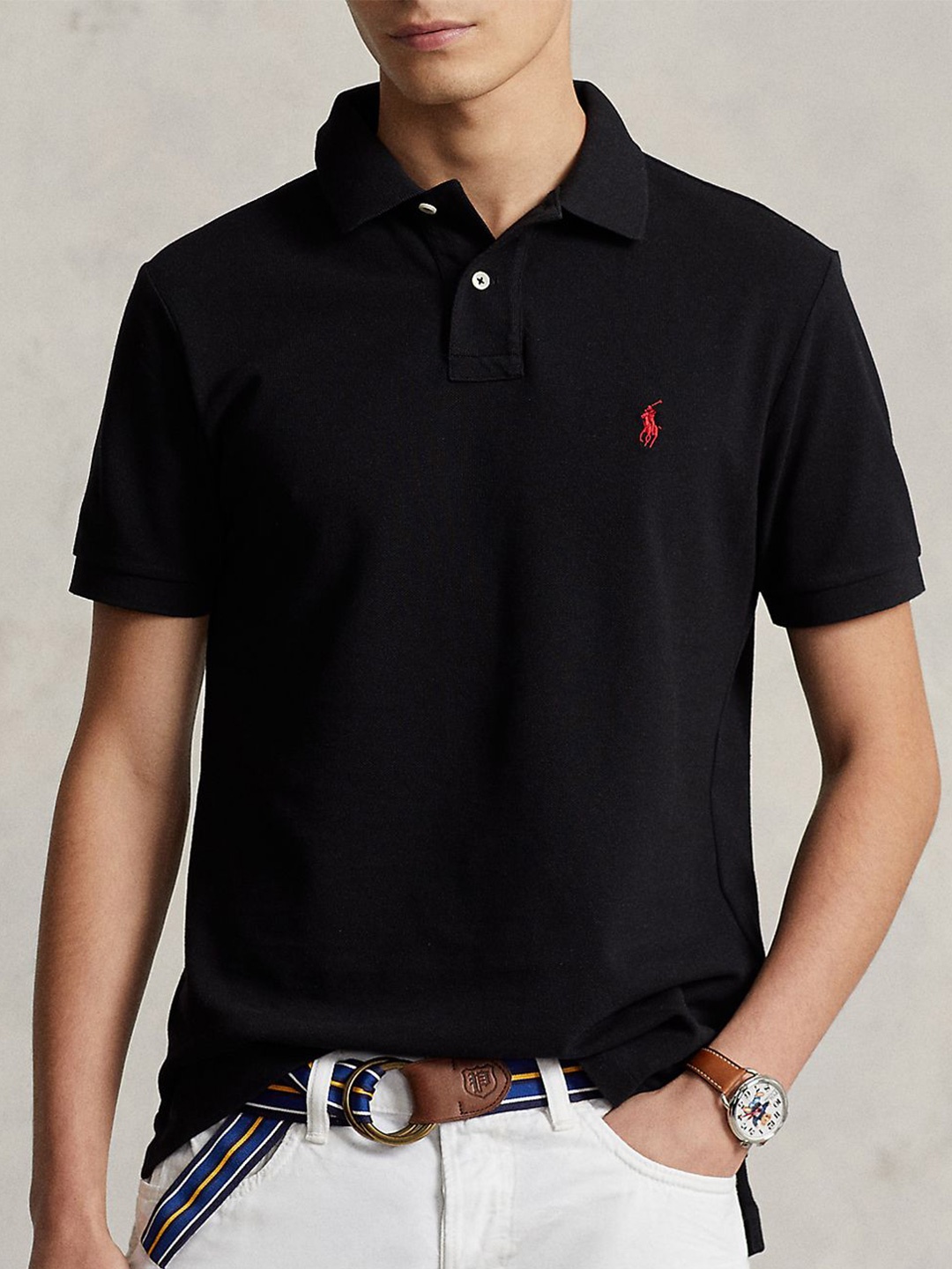 

Polo Ralph Lauren Men Solid Polo Collar Cotton Slim Fit T-shirt, Black