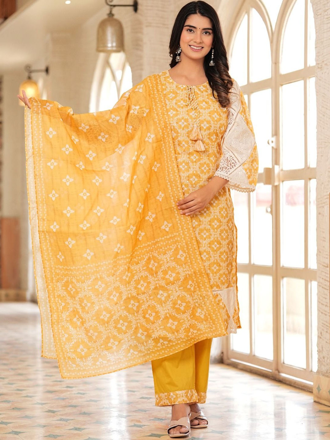 

Hatheli Women Ethnic Motifs Embroidered Regular Beads and Stones Pure Cotton Kurta with Trousers & With, Yellow